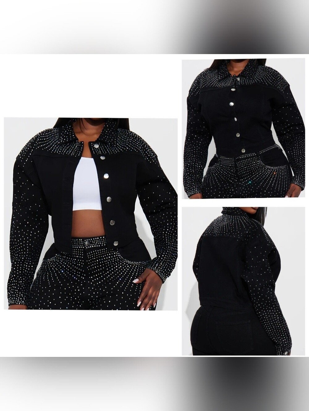 Touch Of Glitz Rhinestone Embellished Stretch Denim Crop Jacket 1X Black NWOT